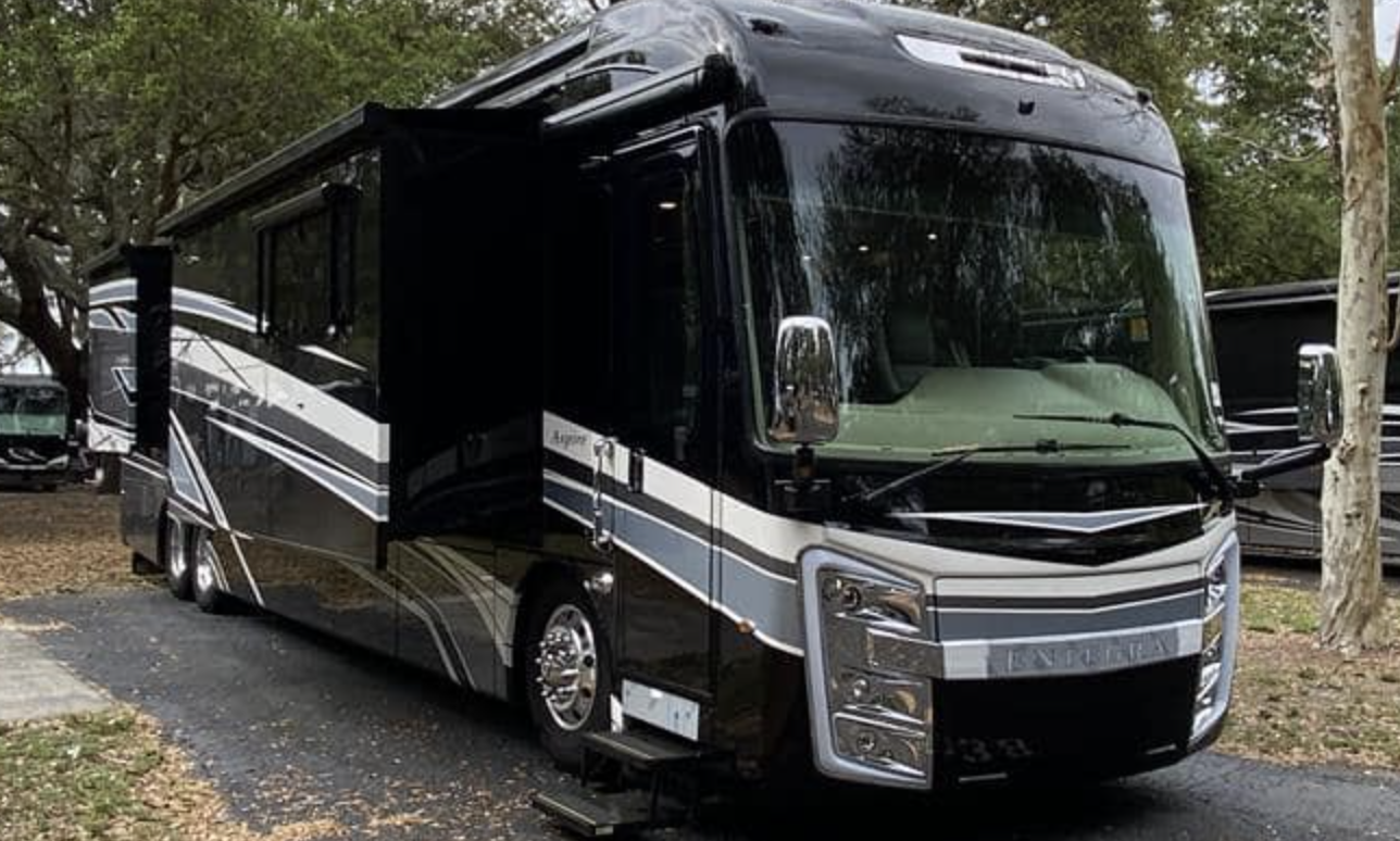 Finished luxury motor coach exterior after detailing and service work