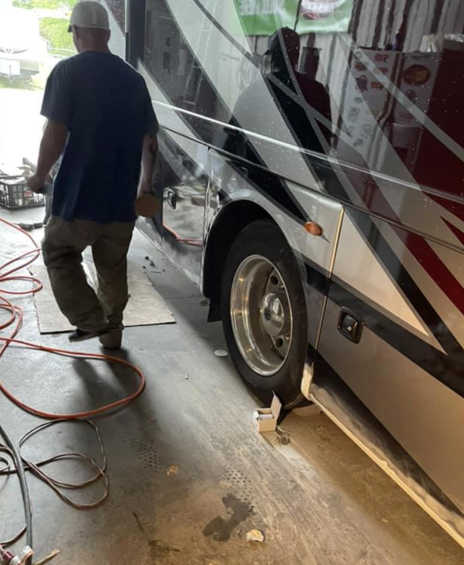 Motorhome in the shop during exterior body work and repair service